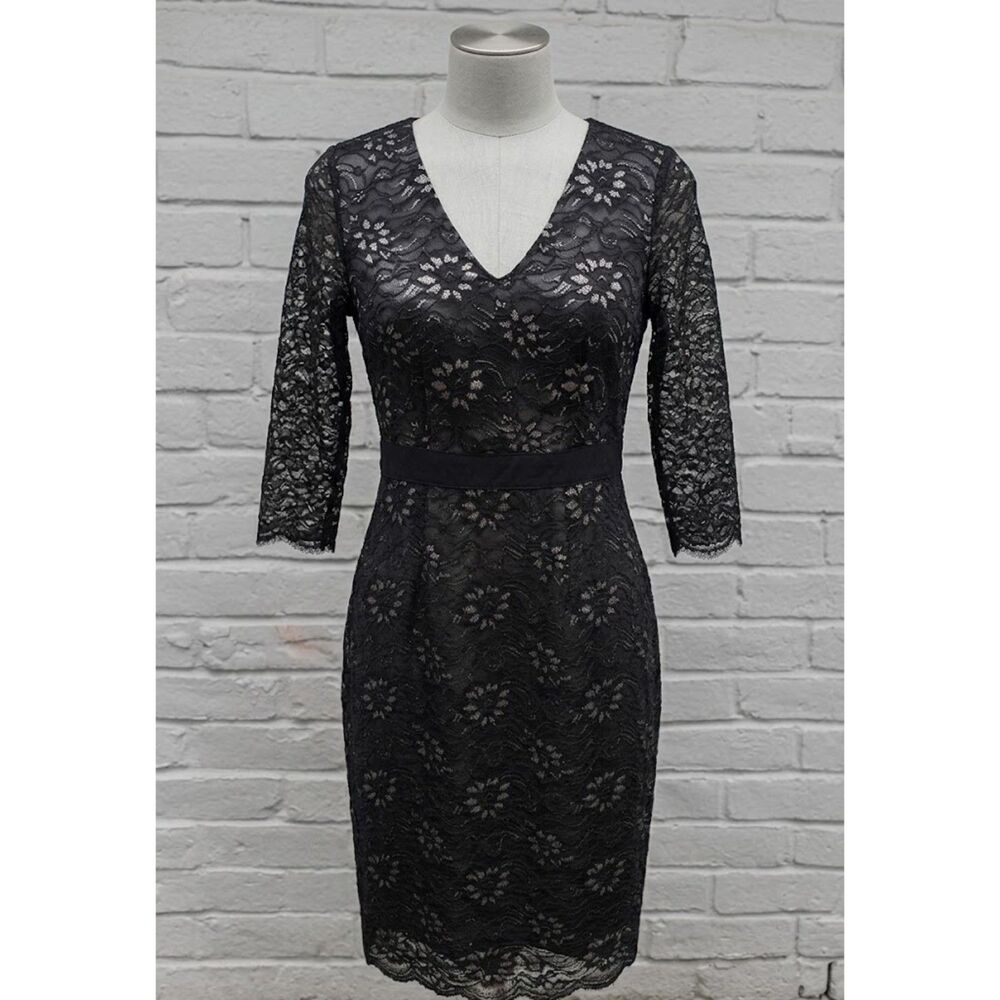 Banana Republic Black Metallic Floral Lace V-Neck Sheath Dress Size 0